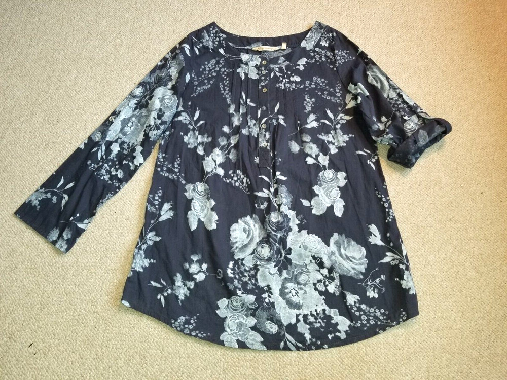Womens Top-SOFT SURROUNDINGS-grey floral 100% cotton pintucked roll-tab sleeve-S